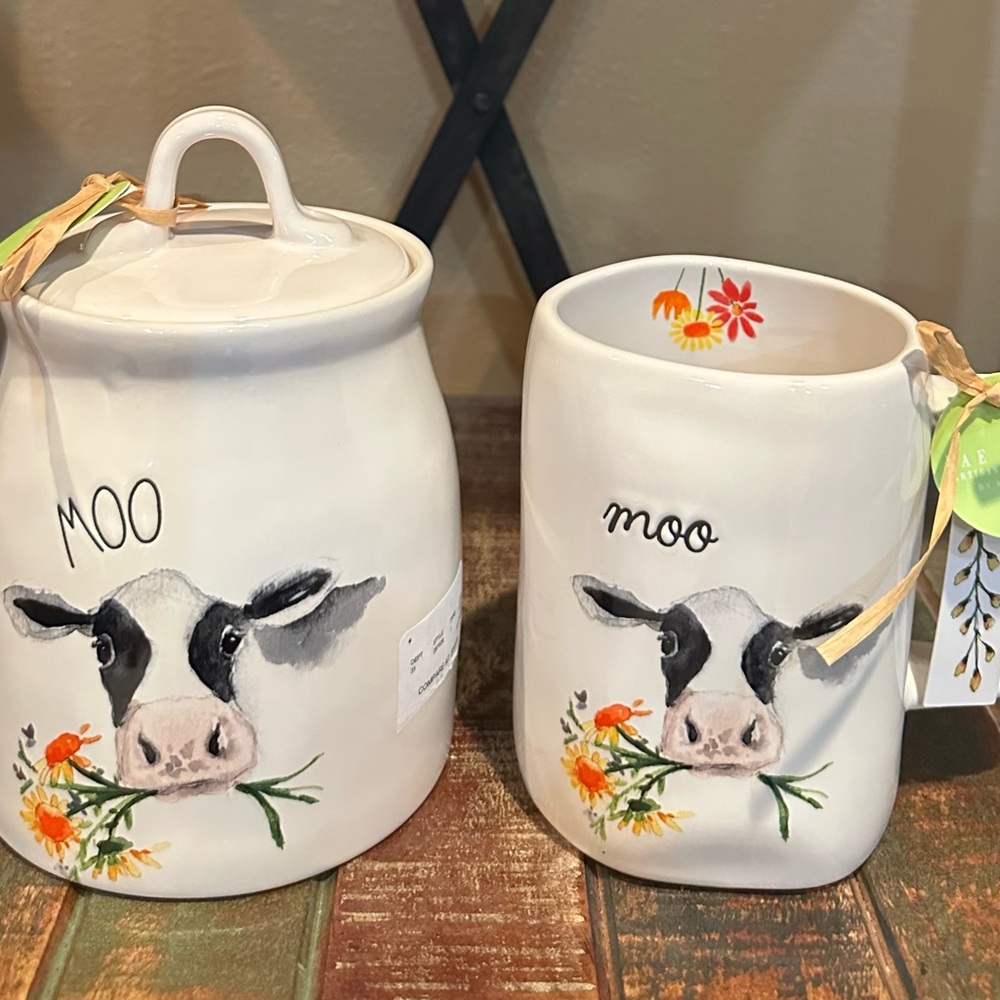 Rae Dunn Moo Watercolor Ceramic Canister and Mug Set
